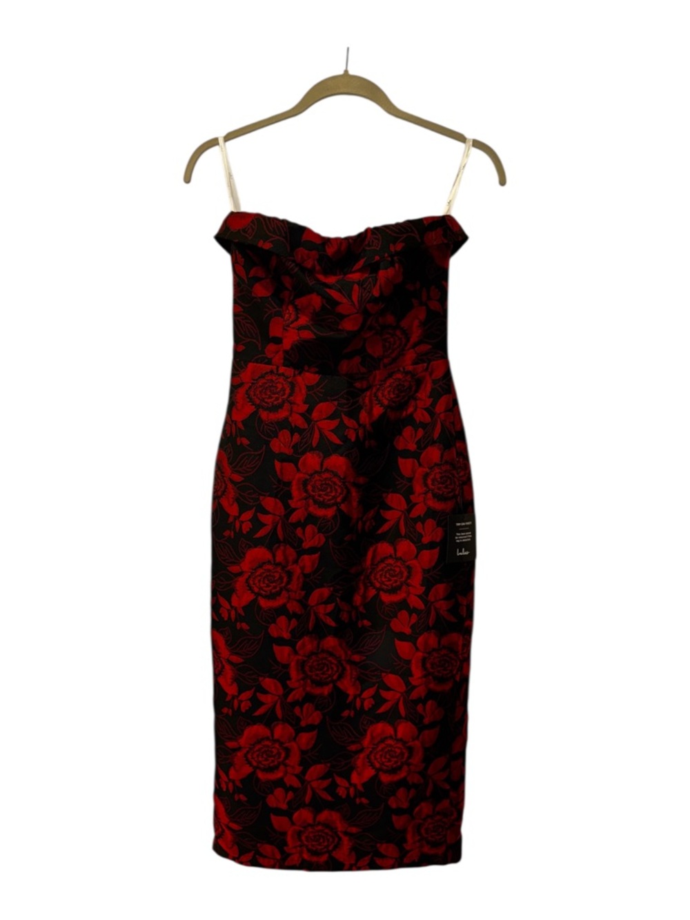 NWT Lulus Polished Muse Black and Red Jacquard Strapless Midi dress Sz XS - Picture 7 of 11